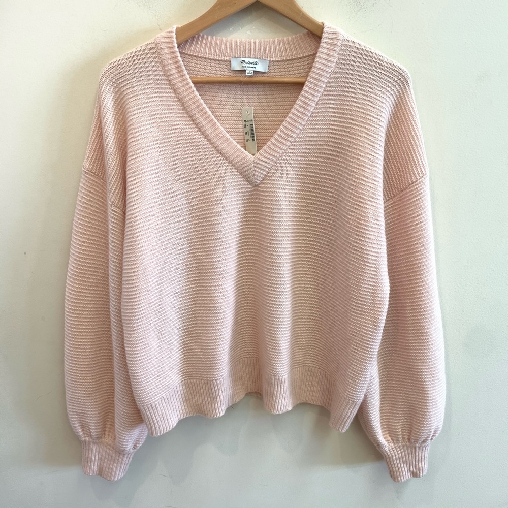 Madewell Cashmere V-Neck Bubble-Sleeve Sweater NWT